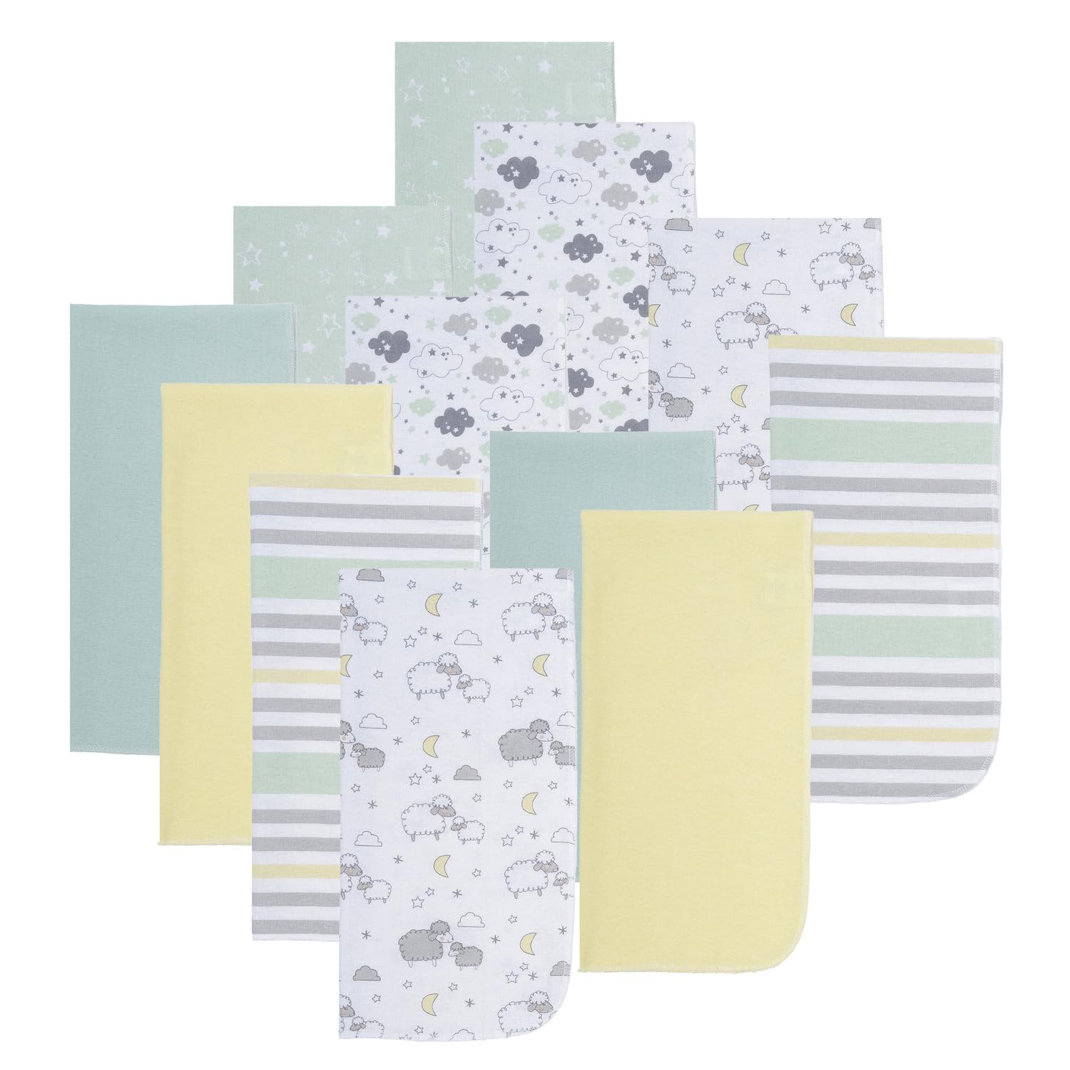 EVERYDAY KIDS 12 Pack Burp Cloths for Baby Boys and Girls - Sheeps, Clouds and Stars