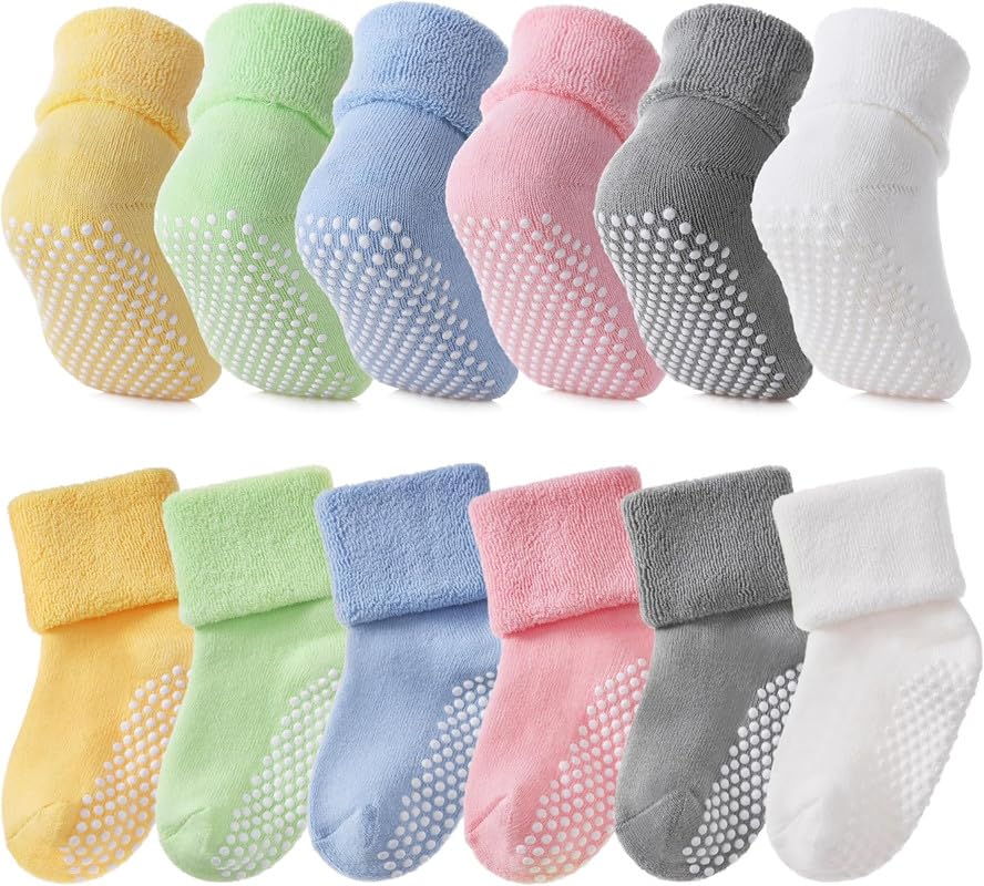 Mikoniko Baby Boys Girls Grips Socks Infant Toddlers Kids Non Slip Warm Thick Cotton Ankle Crew Socks With Grippers Pack Of 4_2
