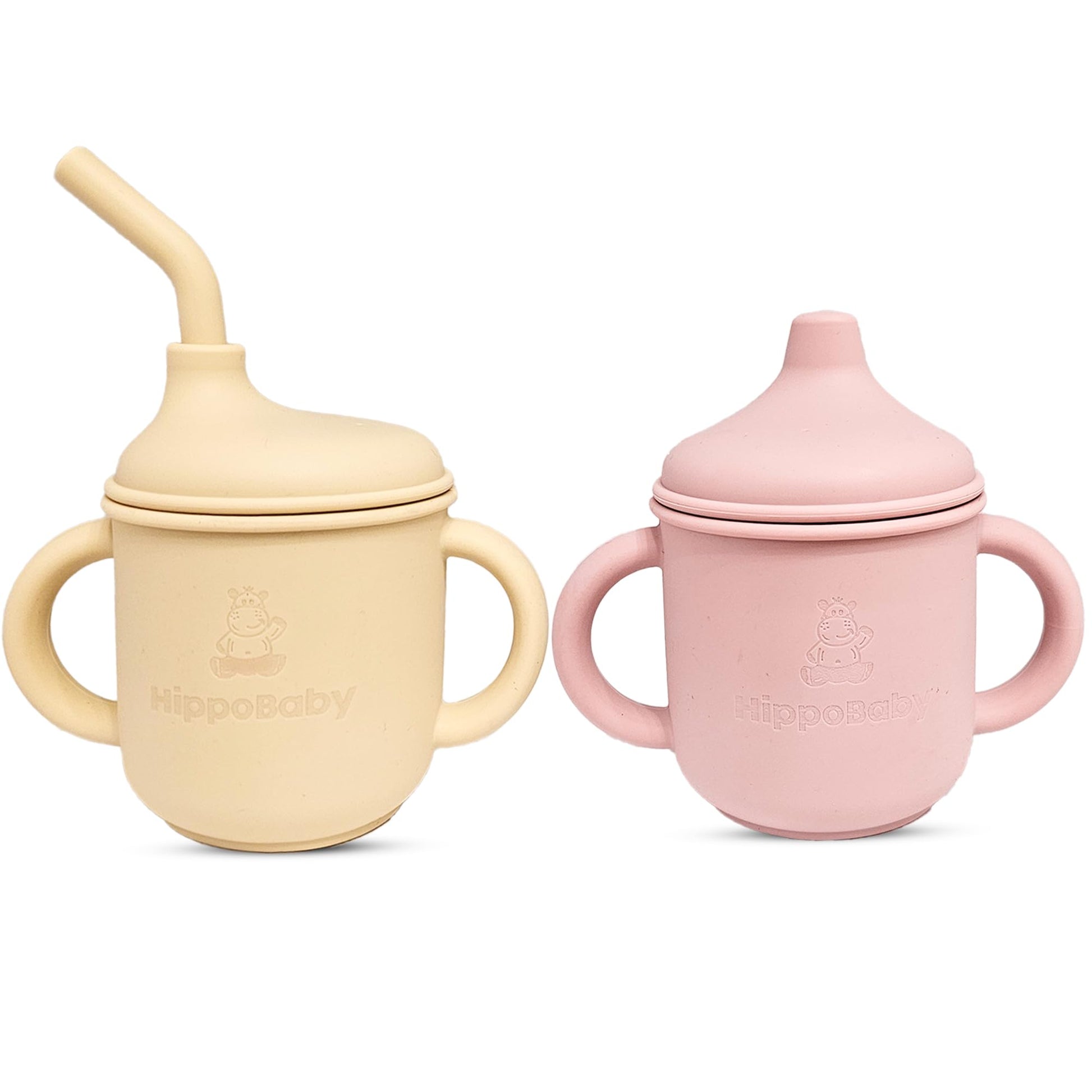 Hippobaby Silicone Transition Sippy Cup For 6+ Month Old | Includes 1 Toddler Straw Cup & 1 Baby Sippy Cup With Handles | Baby S