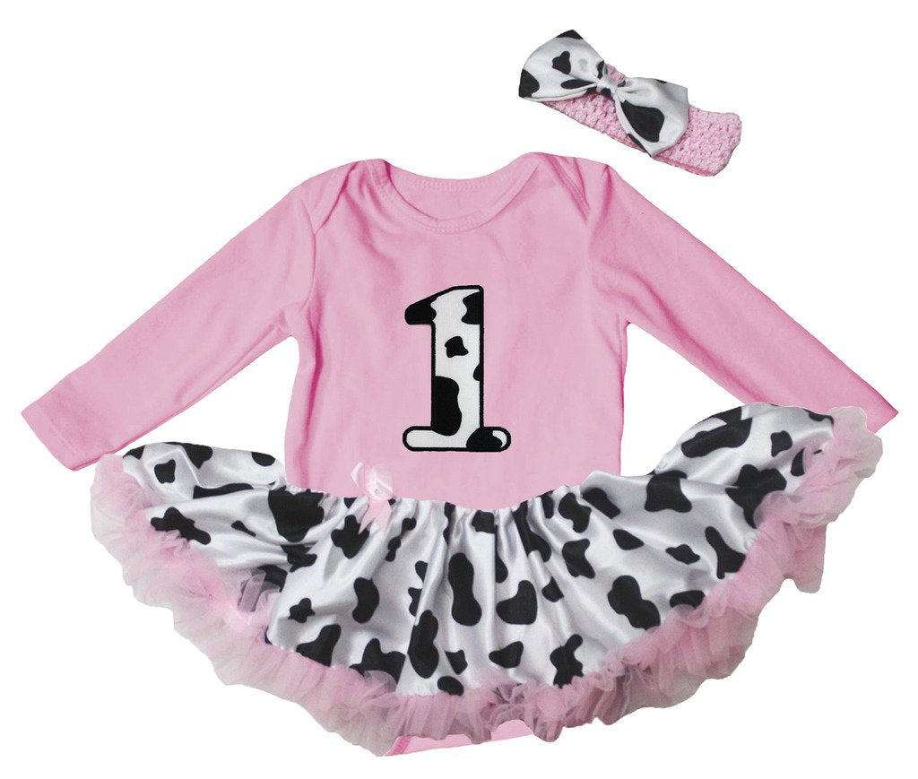 Petitebella Cow 1St Pink L/S Bodysuit Cow Tutu Baby Dress Nb-18M (6-12 Months)