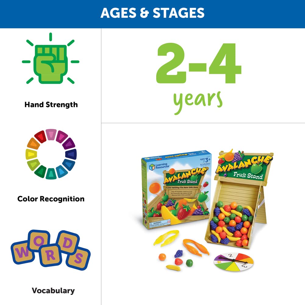 Learning Resources Avalanche Fruit Stand - 42 Pieces, Ages 3+ Toddler Learning Toys, Fine Motor/Grip Game, Develops Color Matchi
