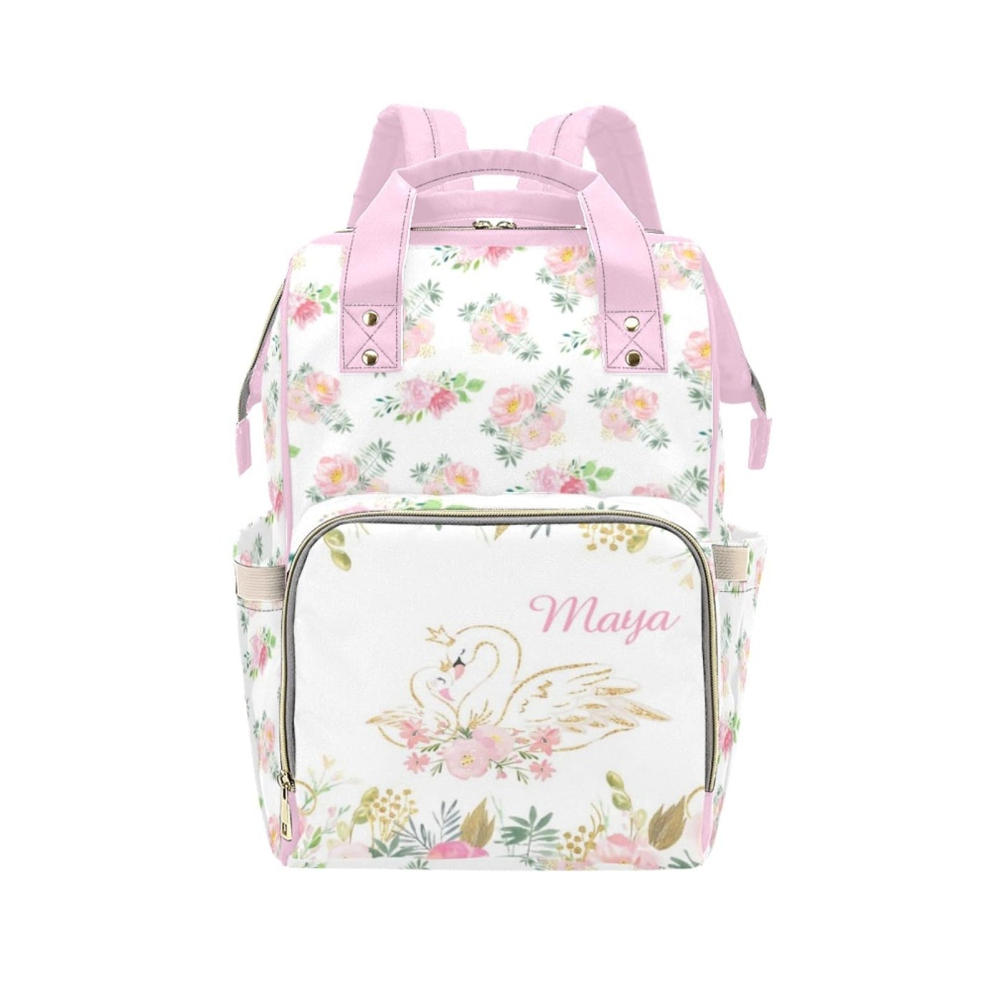 Noverbibi Custom Diaper Bag Personalized Floral Swan Casual Nursing Mommy Daypack with Insulated Pocket Customized Cute Diaper B