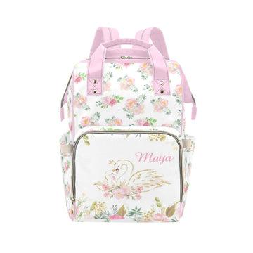 Noverbibi Custom Diaper Bag Personalized Floral Swan Casual Nursing Mommy Daypack with Insulated Pocket Customized Cute Diaper B