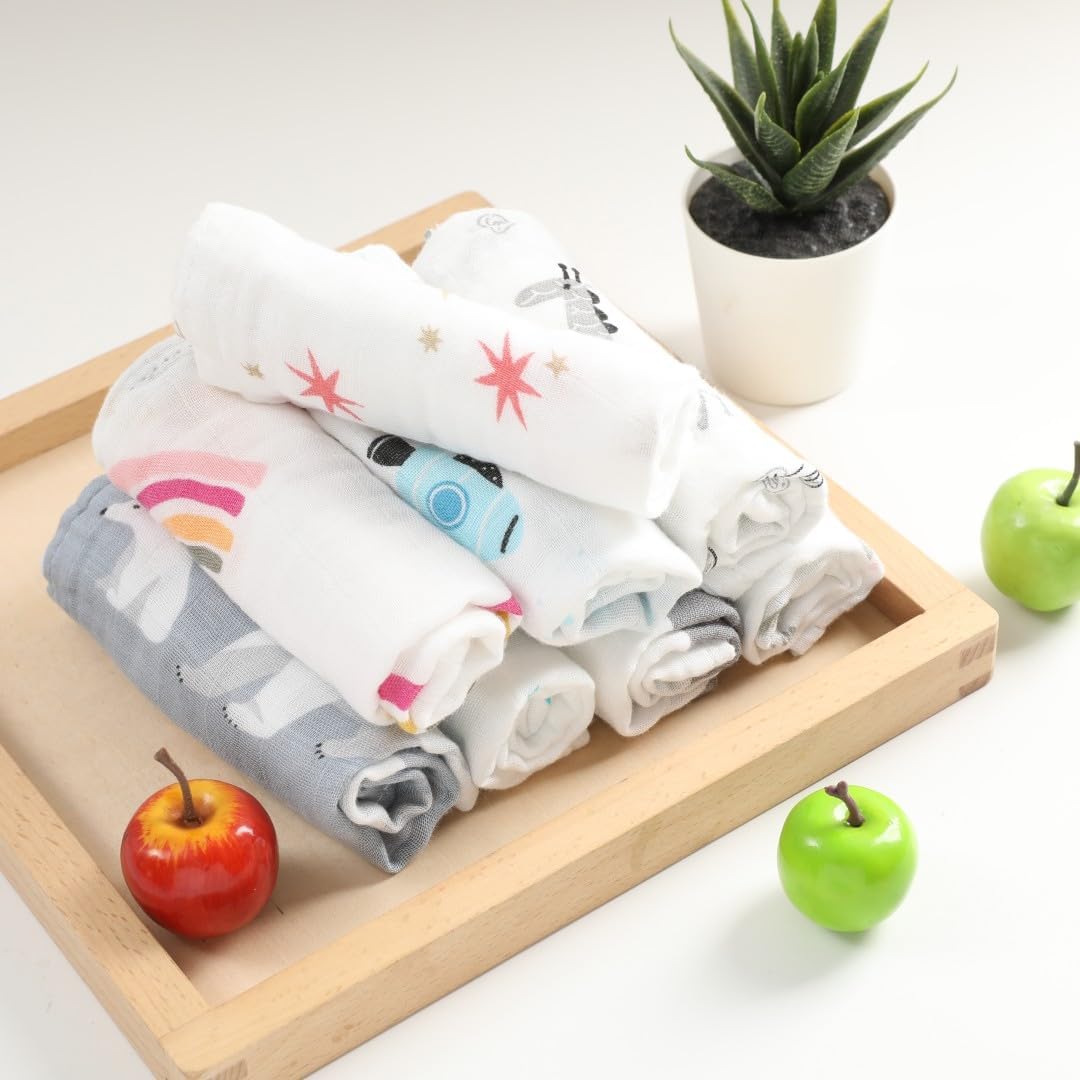 Norinori Baby Msulin Washcloths Newborn Face Towel - Baby Muslin Burp Cloths 10Pack Soft Absorbent Natural Cotton Wash Towel 10'