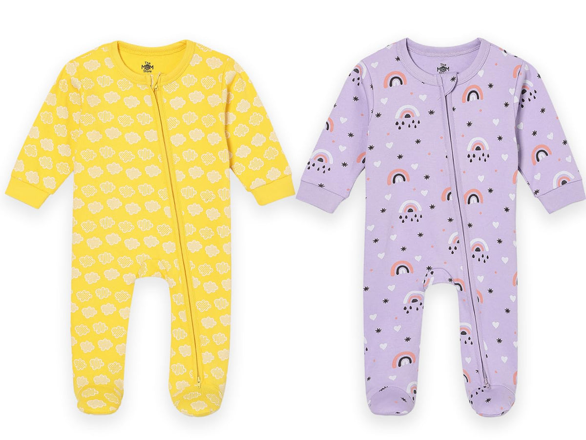 The Mom Store Kids/Baby Zipper Romper Combo Of 2 | Cotton | Bodysuit | Sleep Wear | Front Zippers | Buttercream Clouds And Laven