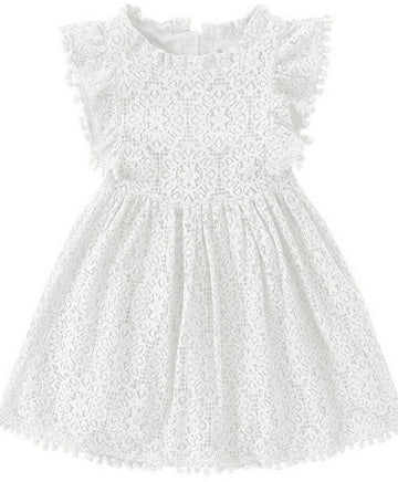 Rjxdlt Toddler Girls Elegant Lace Pom Pom Flutter Sleeve Party Princess Dress 5 Years White 382