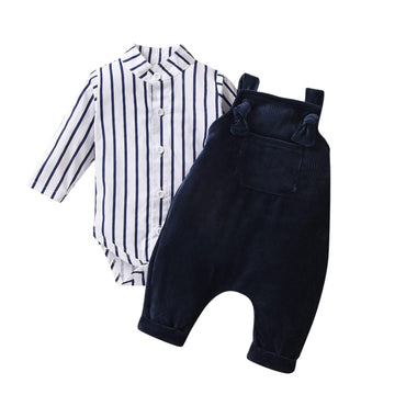 Unutiylo Baby Boys Overalls Linen Clothes 2Pcs Set Infant Gentleman Outfits Set Baby Striped Bodysuit Romper Shirt And Ribbed Su
