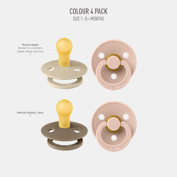 Bibs Pacifiers - Colour 4 Pack | Round Nipple Baby Pacifier | Bpa Free Natural Rubber Latex Soother | Made In Denmark | Size 0-6