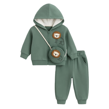 Bold N Elegant Giraffe Cartoon Print Polo TShirt With Layered Cardigan Jacket & Pants Winter 3 Piece Clothing Set For Infant To