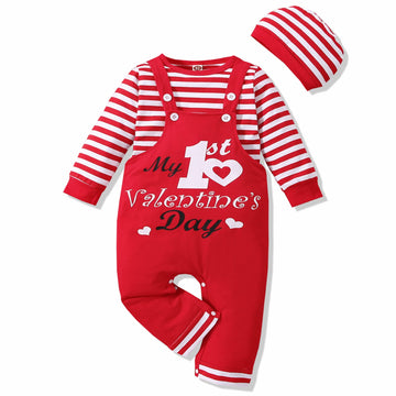Vinuoker Baby Boy Spring Clothes My First Valentine'S Day Outfit Long Sleeve Stripe T-Shirt + Overalls + Hat Infant Cotton Outfi