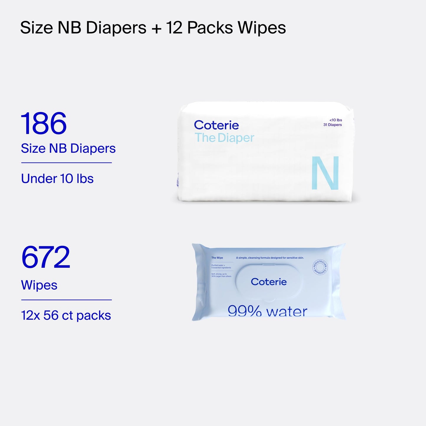 Coterie Baby Diapers + Wipes Baby Kit, Size Nb (186 Count) + 12 Wipe Packs (672 Wipes) Made With Plant Derived Fibers, Hypoaller