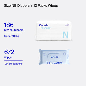 Coterie Baby Diapers + Wipes Baby Kit, Size Nb (186 Count) + 12 Wipe Packs (672 Wipes) Made With Plant Derived Fibers, Hypoaller