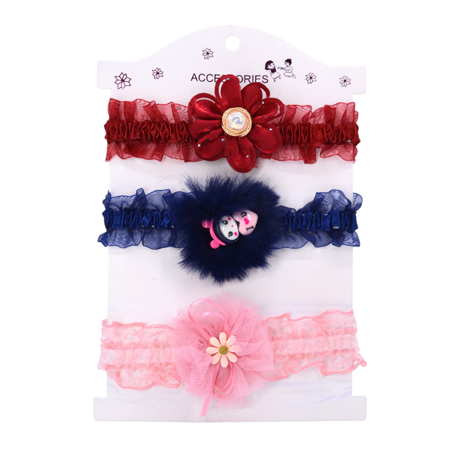 Syga Baby Girls Soft Elastic Headband Set  Pack Of 3 | Lace Flower & Bow Hairbands | Newborn To 3 Years | Comfortable Stretch, 