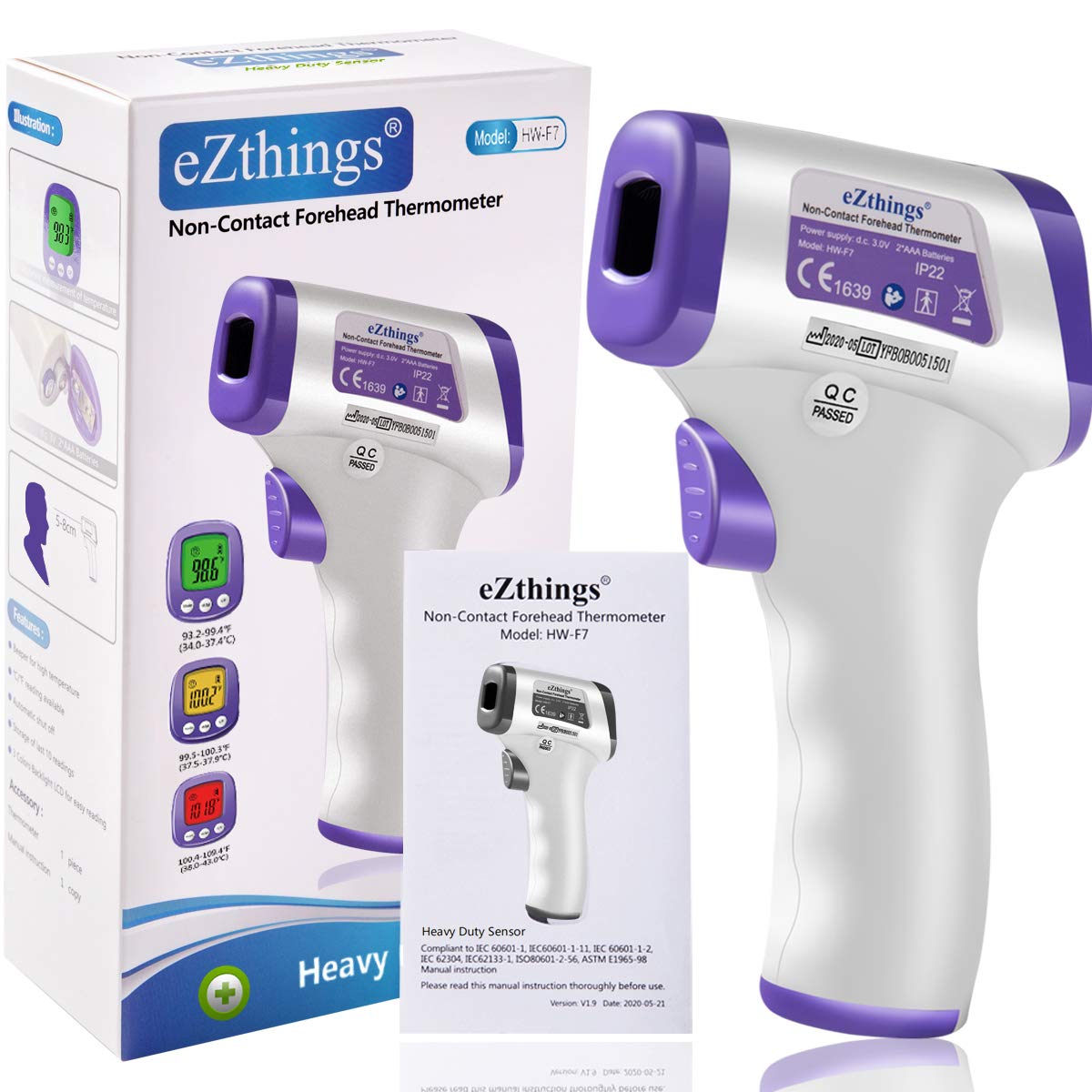 Ezthings Heavy Duty Thermometer Infrared Forehead High Caliber Sensor No Contact With Lcd Display For Medical Offices, Hospitals