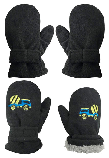 N'Ice Caps Baby Toddler Mittens Kids 2 Pairs Fleece Gloves Winter Warm Sherpa Lined (Black Trucks/Black Solid, 2-3 Years)