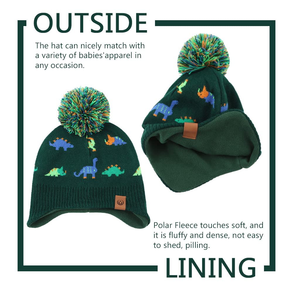 Jangannsa Knitted Baby Hat Scarf Set Winter Warm Boys Girls Beanie Fleece Lining Toddler Kids Hats With Pompom(Dark Green Dinosa