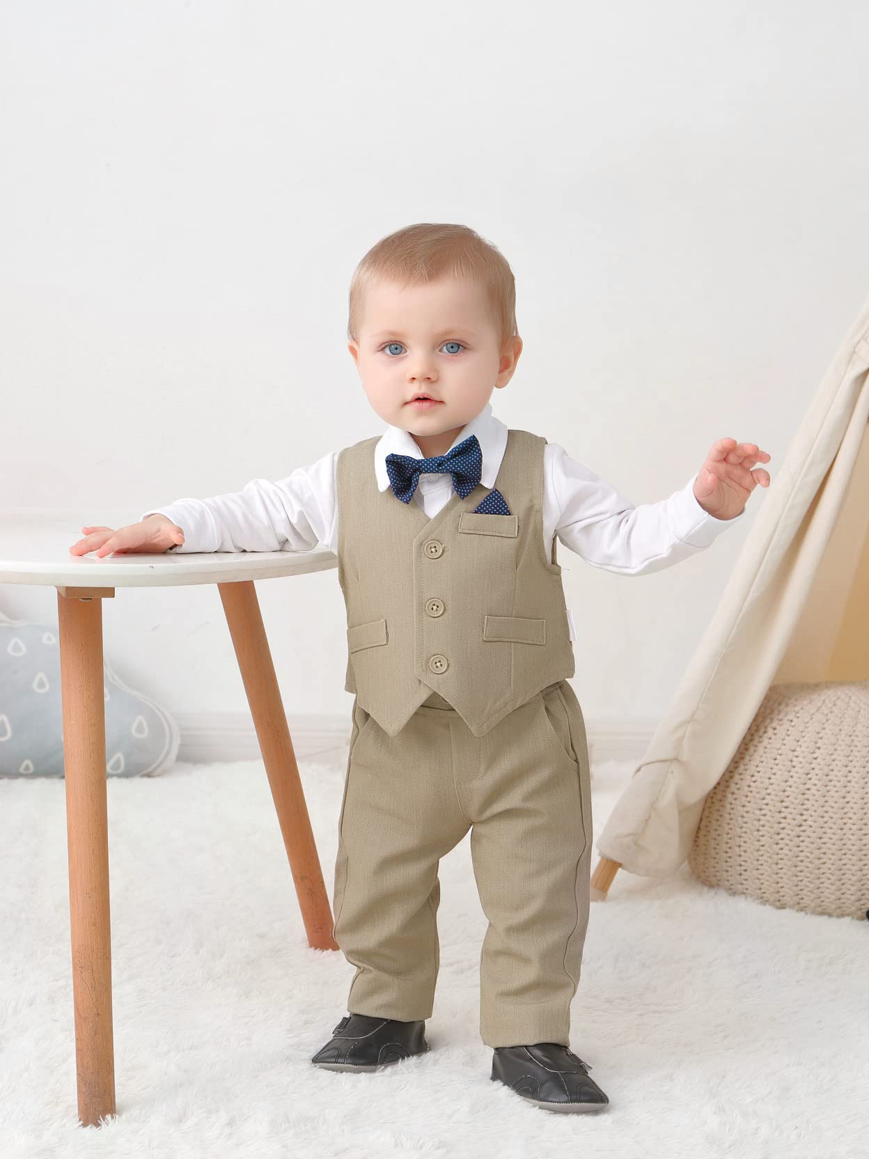 Disaur Baby Boy Formal Outfits Long Sleeve Infant White Shirt Khaki Vest Pants Bow Tie Baby First Halloween Outfit Boy 18 24 Mon