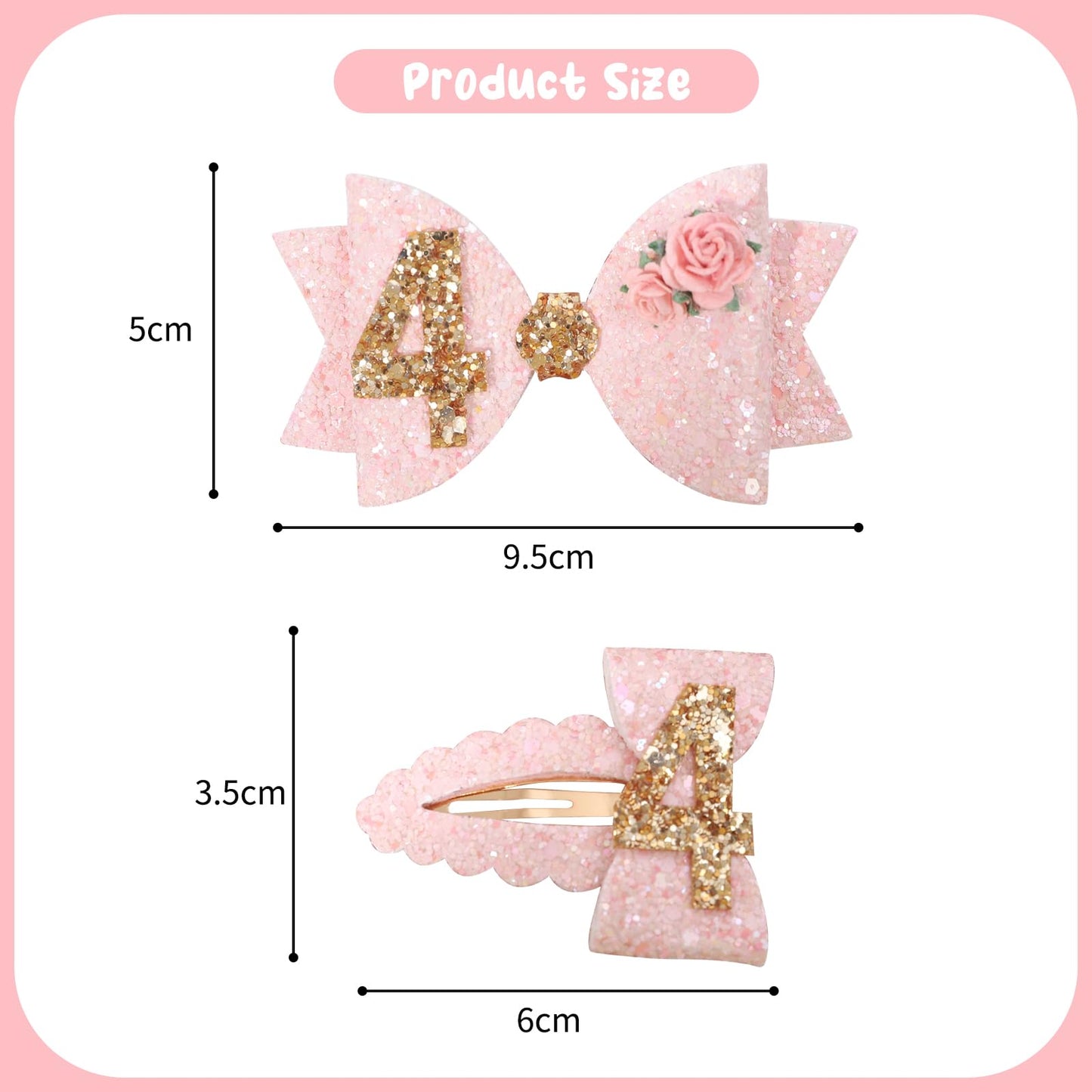 Jissoo Pink Bow Hair Clip - 4Th Birthday Party Decorations For Girls, Sparkling Hair Accessories, 2 Pieces, Size 5*9.5Cm/3.5Cm*6