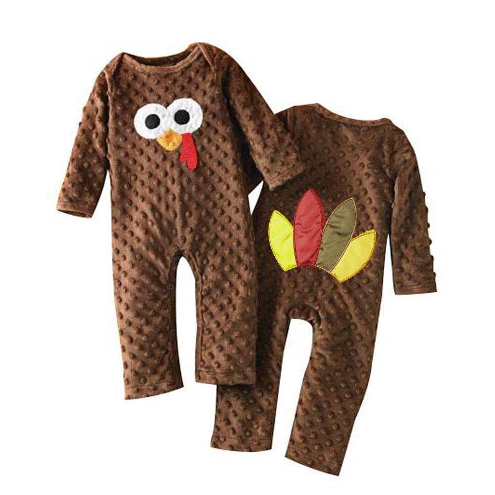 Viworld Baby Boy Girl Thanksgiving Romper Toddler Turkey Jumpsuit One-Piece Fall Winter Clothes (Brown, 0-6 Months)
