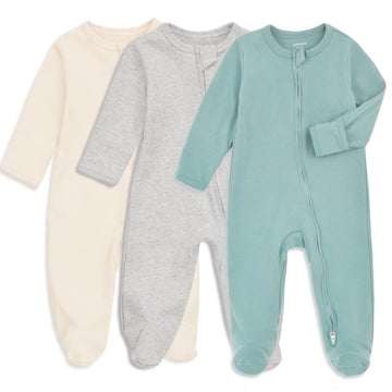 Aablexema Baby Footie Pajamas With Mitten Cuffs, Double Zipper Infant Cotton Clothes Sleeper Pjs, Footed Sleep Play (0-3M, Ivory