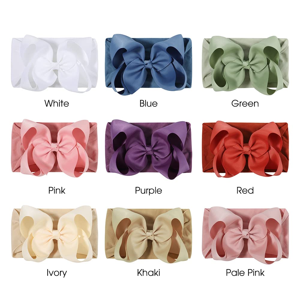 Jiahang Grosgrain Ribbon Bow Nylon Headbands, 5.3 Inches Hair Bow Soft Turban Headwrap 9Pcs For Baby Girls Newborns Infants Todd