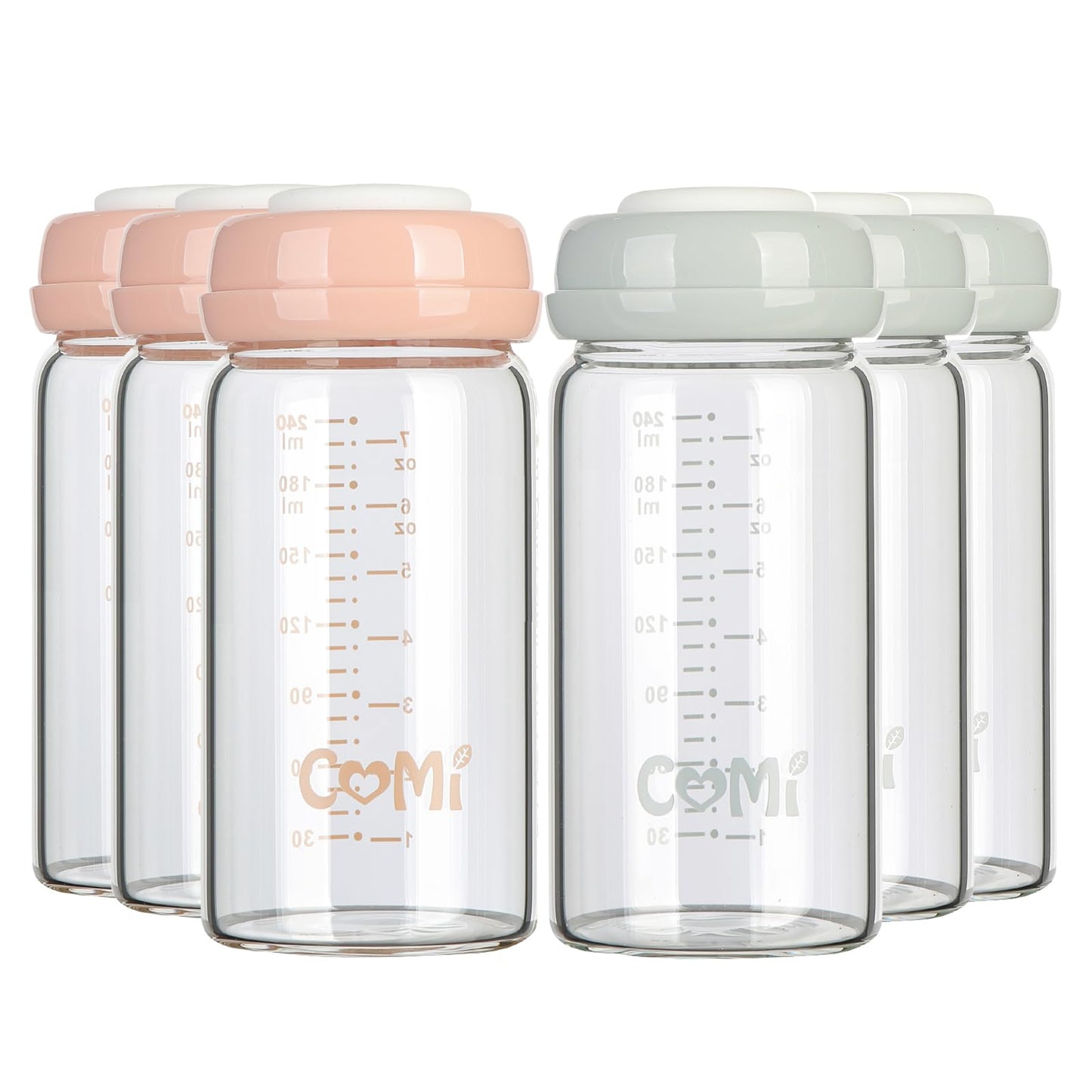 Comi Wide Neck Glass Breastmilk Collection N Storage Bottle, 6 Packs, 8Oz With Screw Ring Sealing Disk; Re-Markable Sealing Disc