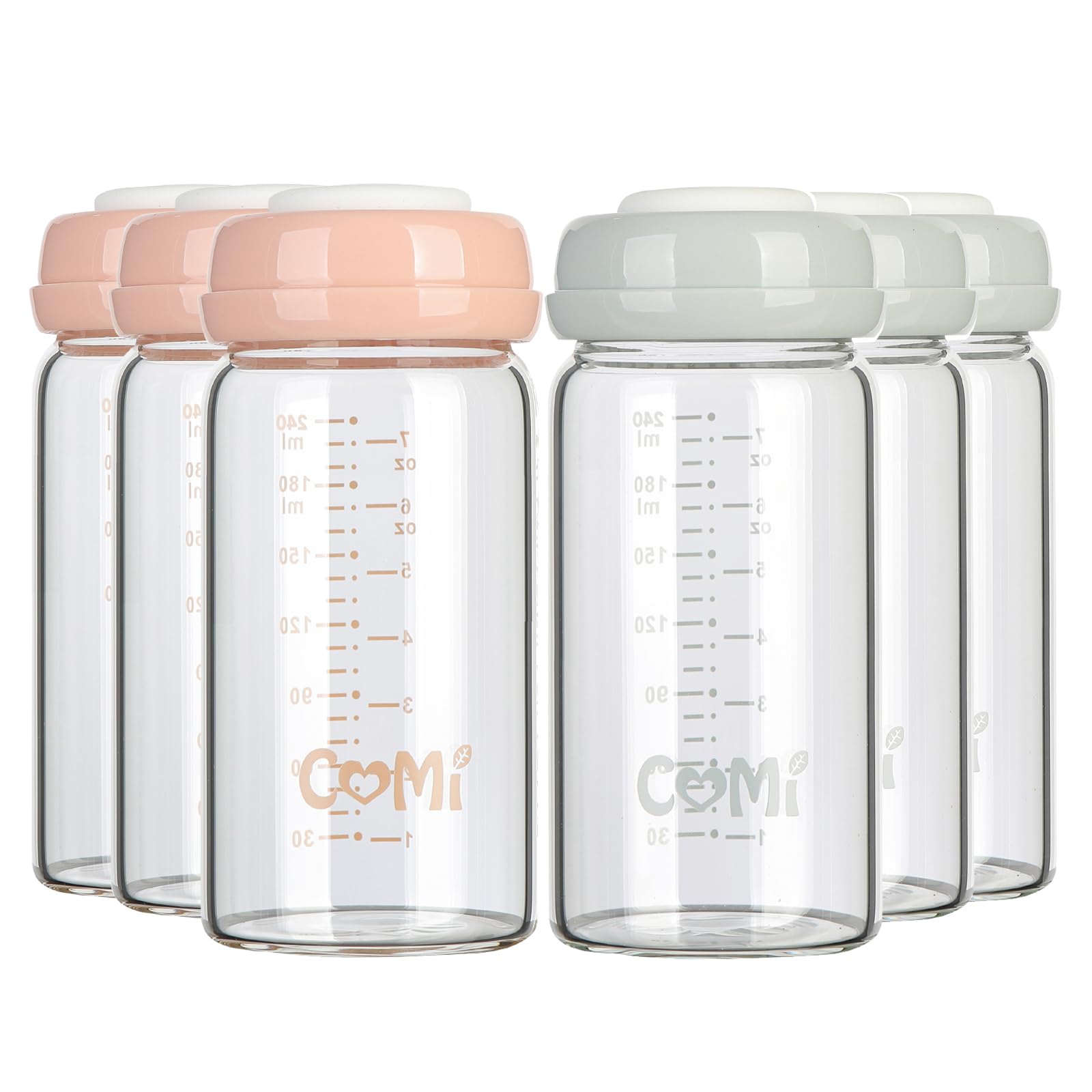 Comi Wide Neck Glass Breastmilk Collection N Storage Bottle, 6 Packs, 8Oz With Screw Ring Sealing Disk; Re-Markable Sealing Disc