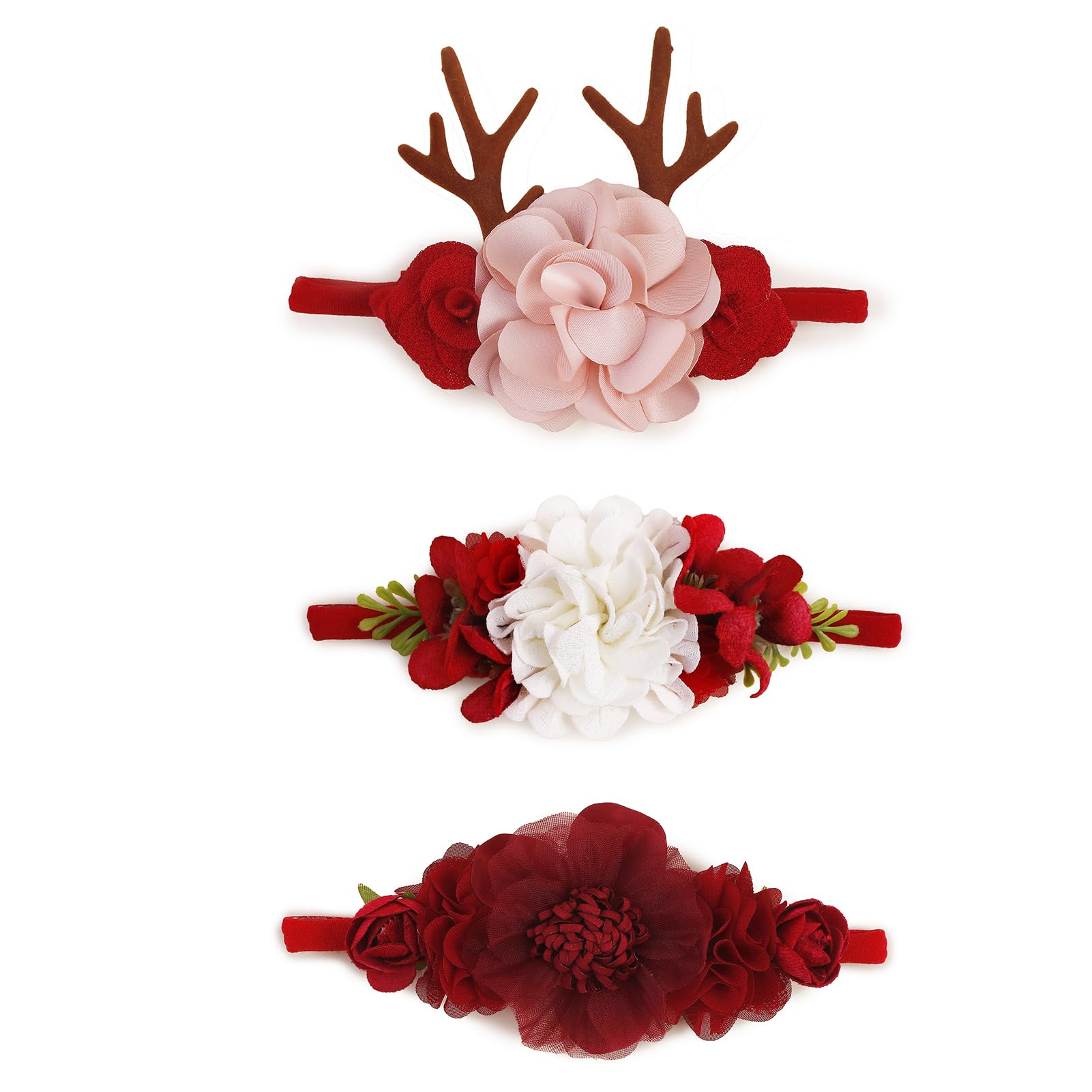 NUWAJP Baby Girl Flower Christmas Headband 3 PCS Elastic Hairbands Handmade Nylon Bows Headbands Chic Floral Hair Accessories Ki