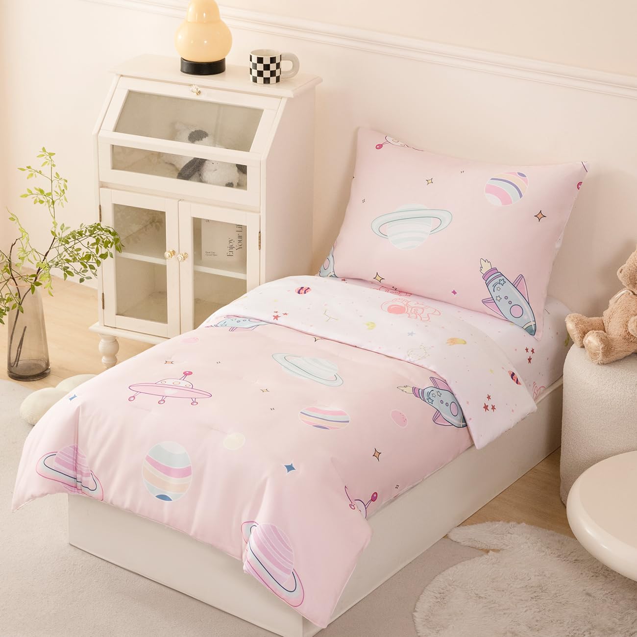 Perfemet 4 Piece Toddler Girl Bedding Set Space Theme Pink Toddler Bed Set With Sheets Soft Reversible Astronaut Planets Toddler