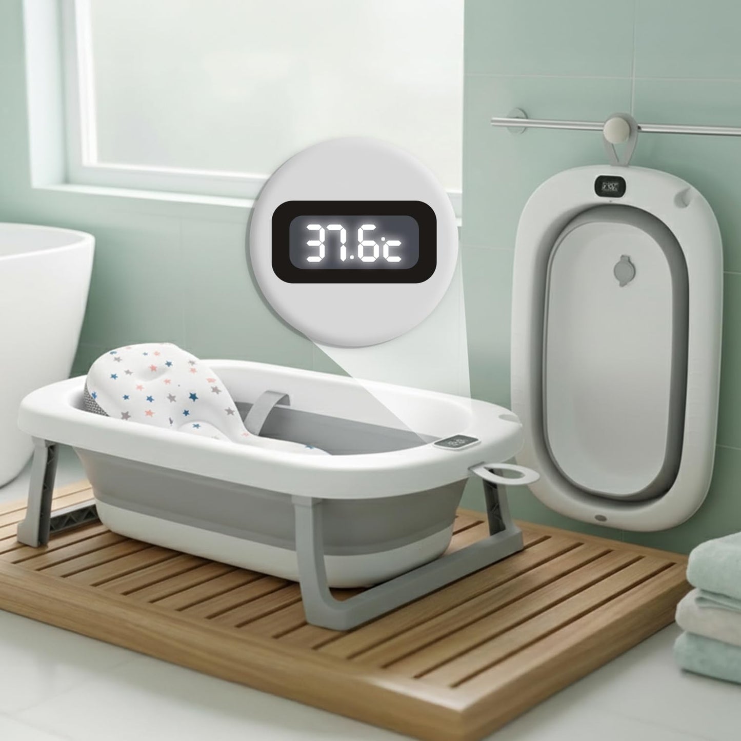Mee Mee Foldable Baby Bath Tub With Digital Temperature Display & Floating Cushion | Bpa-Free Infant Bathtub With Anti-Skid Base