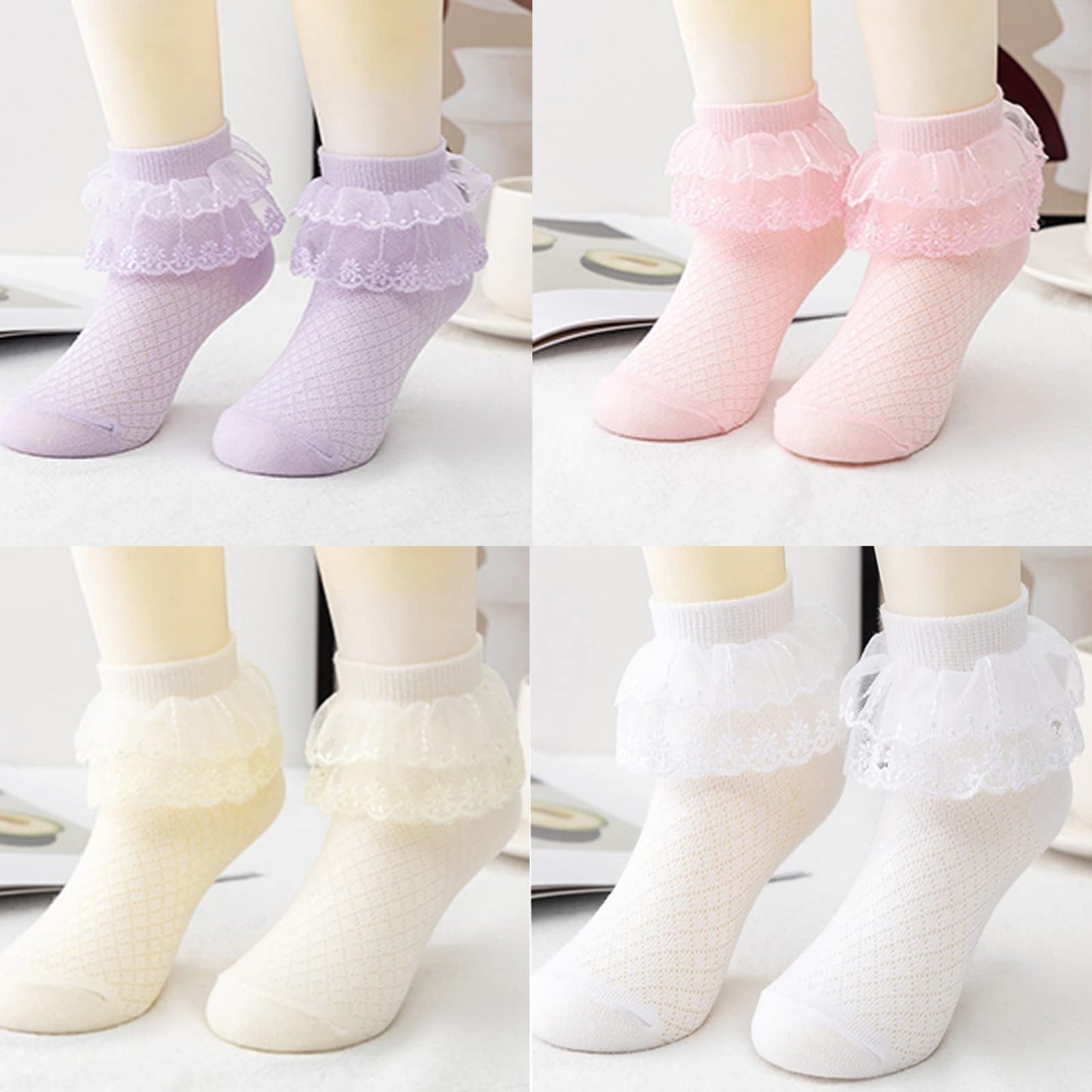 Looching 5 Pairs Toddler Baby Girls Ruffle Lace Trim Socks Eyelet Cotton White Frilly Ankle Soft Dress Socks Kids Princess Socks