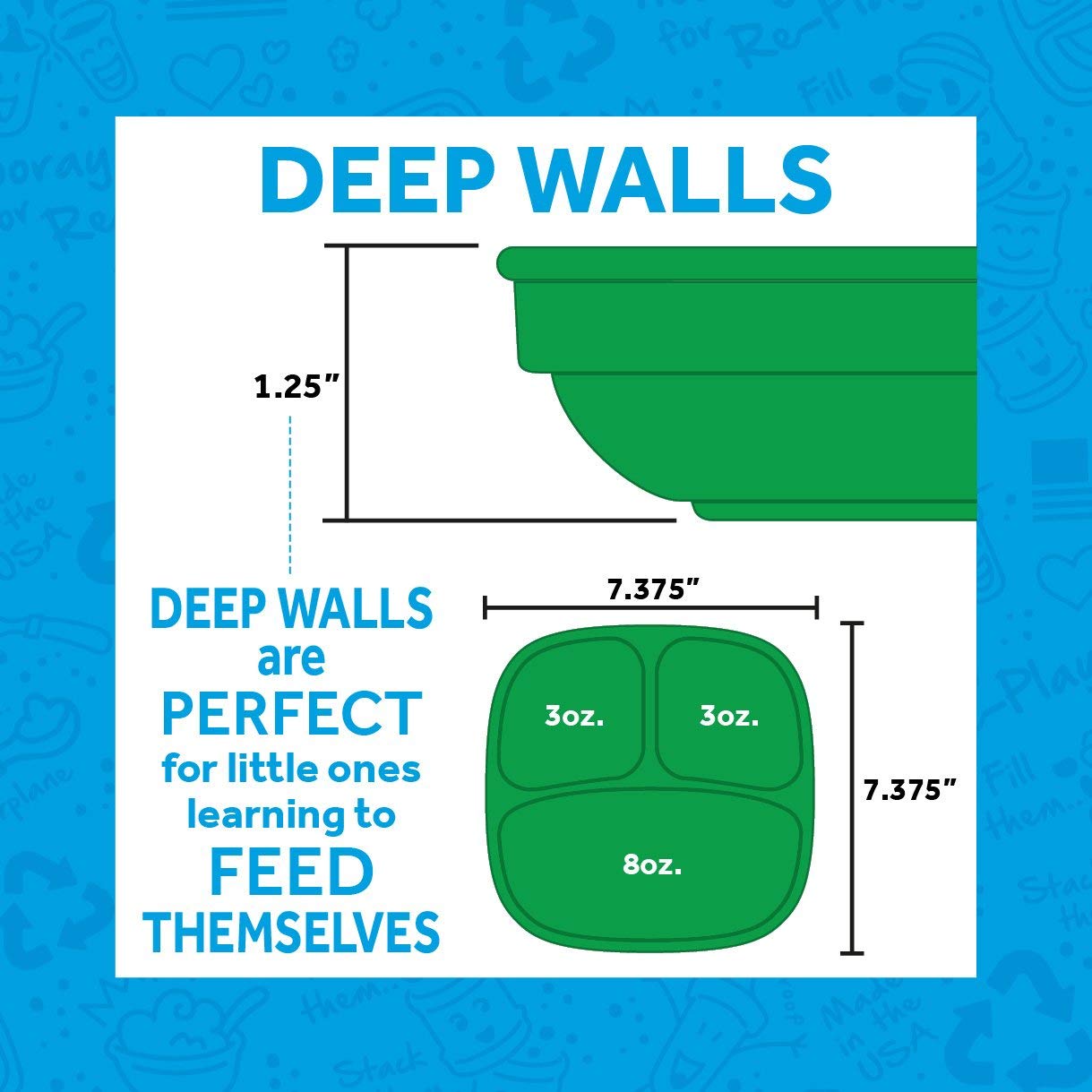 Re-Play Made in USA 7 Deep Walled Divided Plates for Kids, Set of 3 - Reusable 3 Compartment Plates, Dishwasher and Microwave Sa