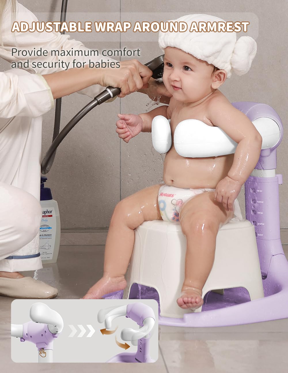 Baby Shower Stand, Baby Bath Support, Shower Standing Support With Adjustable Height And Armrest, Bath Stand With Anti-Skip And