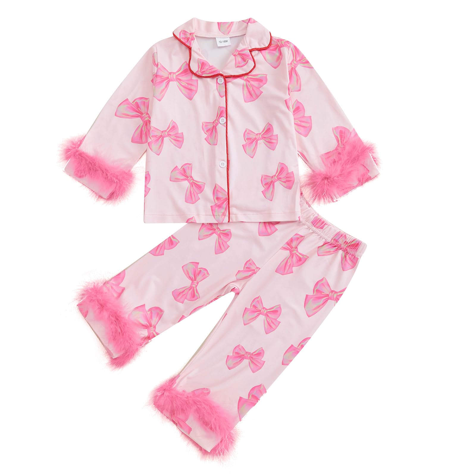 Kavousa Toddler Baby Girl Valentines Day Pajamas Heart&Bow Print Button Down Shirt + Pants Little Kids Girls Silk Pajama Set (Fe