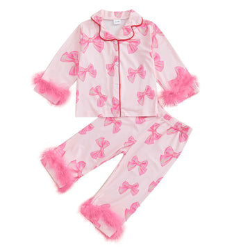 Kavousa Toddler Baby Girl Valentines Day Pajamas Heart&Bow Print Button Down Shirt + Pants Little Kids Girls Silk Pajama Set (Fe