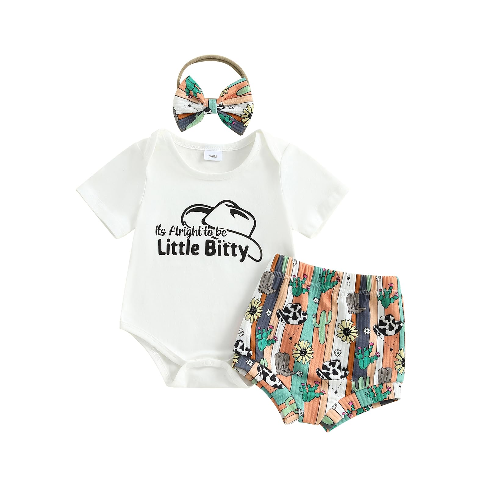 KMBANGI Western Cowgirl Baby Summer Outfits Newborn Girl Short Sleeve Letters Print T-Shirt Romper Bib Shorts Headband 0-18M (Mu