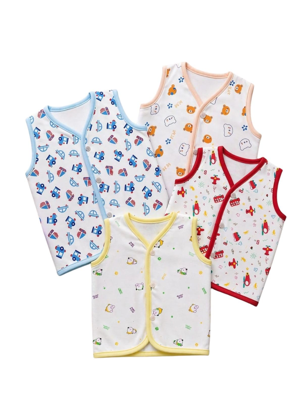 SMAZZ Baby Organic Cotton Jhabla Sleeveless Front Open Vest Set | Pack of 4 | Soft & Breathable Printed Shirts for Newborn & Inf