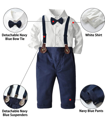 Sangtree Baby Boys Dress Clothes, Toddlers Boys Long Sleeves Button Down Dress Shirt With Bowtie + Suspender Pants Set Gentlemen
