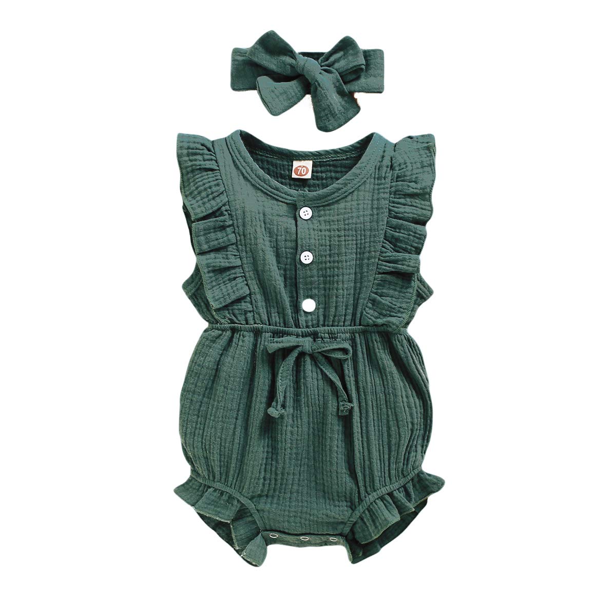 Younger Tree Toddler Baby Girl Ruffled Sleeveless Romper Casual Summer Jumpsuit Cotton Linen Clothes (Button-Green, 6-12 Months)