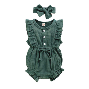Younger Tree Toddler Baby Girl Ruffled Sleeveless Romper Casual Summer Jumpsuit Cotton Linen Clothes (Button-Green, 6-12 Months)