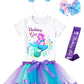 Doctor Unicorn Girls Mermaid Costume Layered Tutu Skirt Dress With Mermaid Tshirt, Headband & Satin Sash Mermaid, 6-7 Years