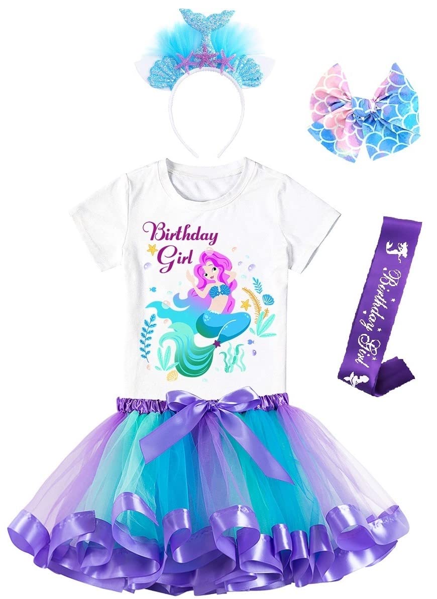 Doctor Unicorn Girls Mermaid Costume Layered Tutu Skirt Dress With Mermaid Tshirt, Headband & Satin Sash Mermaid, 6-7 Years