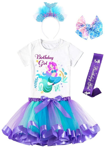 Doctor Unicorn Girls Mermaid Costume Layered Tutu Skirt Dress With Mermaid Tshirt, Headband & Satin Sash Mermaid, 6-7 Years