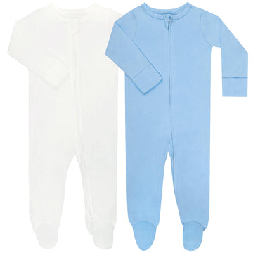 Guisby Footed Long Sleeve Baby Pajamas With Zipper Cotton Infant Sleepers Light Blue+White 3-6 Months