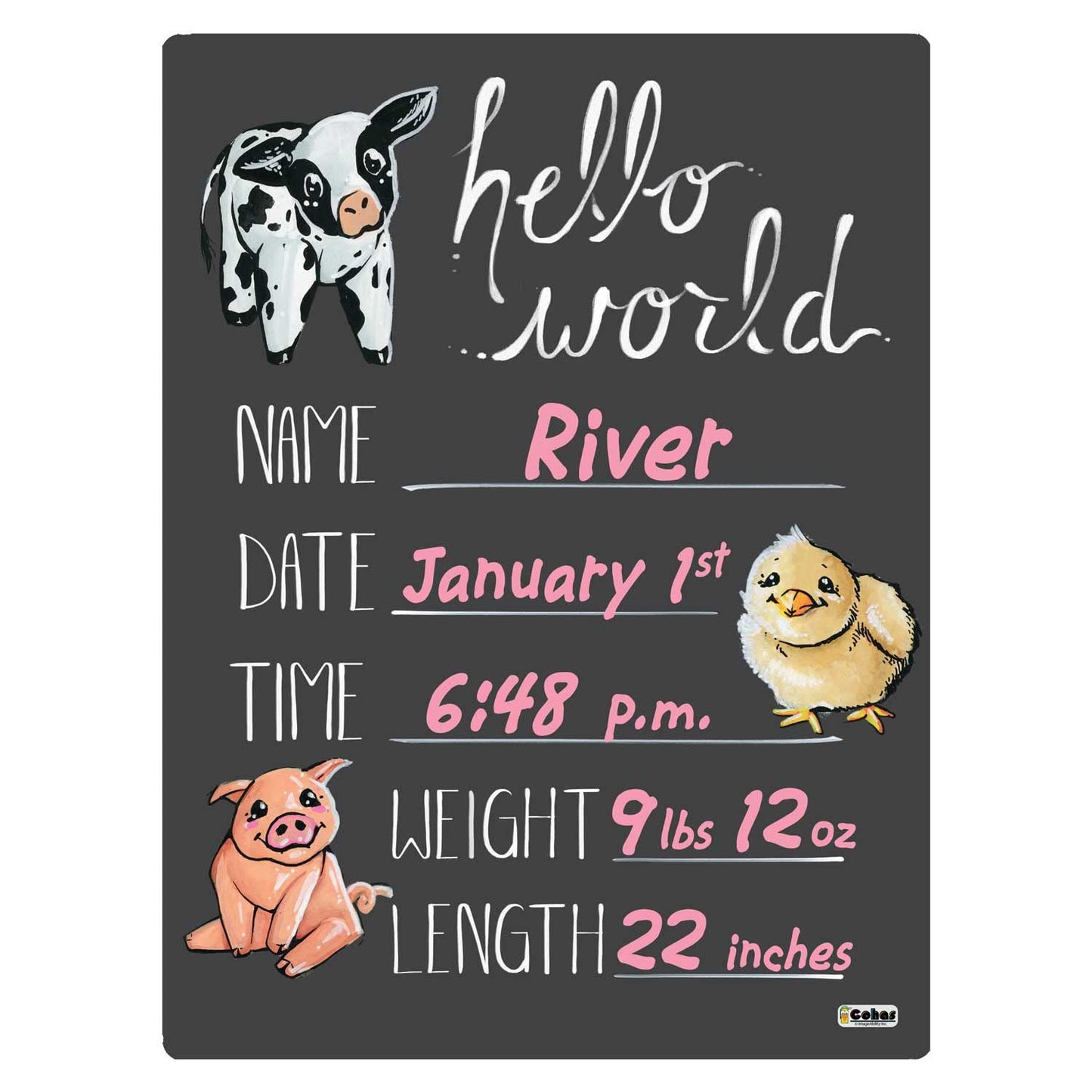 Cohas Hello World Newborn Baby Announcement Chalkboard Sign With Farm Animal Theme, 9 By 12 Inches, No Marker