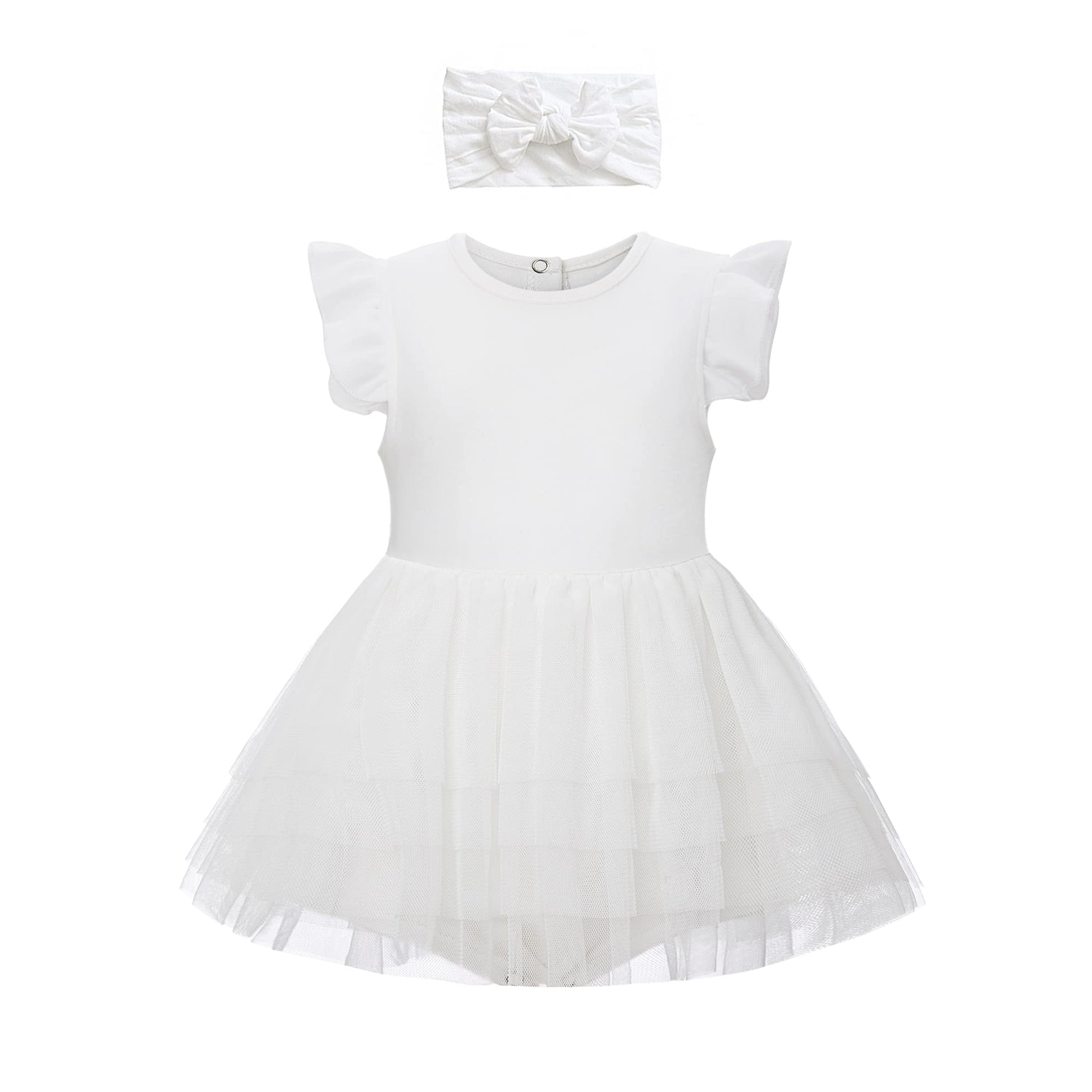 O2 Baby Organic Cotton Baby Girl Ruffle Romper Summer Dress Jumpsuit With Headband Outfit Set(6-12Months, White)