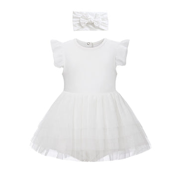 O2 Baby Organic Cotton Baby Girl Ruffle Romper Summer Dress Jumpsuit With Headband Outfit Set(3-6Months, White)