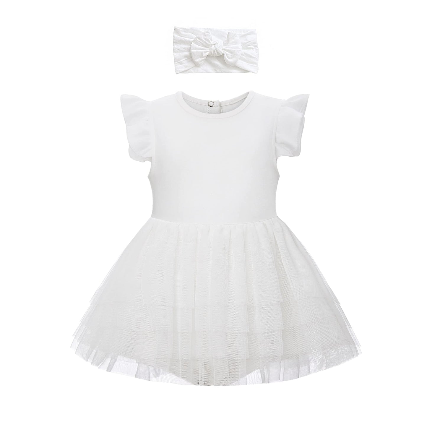 O2 Baby Organic Cotton Baby Girl Ruffle Romper Summer Dress Jumpsuit With Headband Outfit Set(0-3Months, White)
