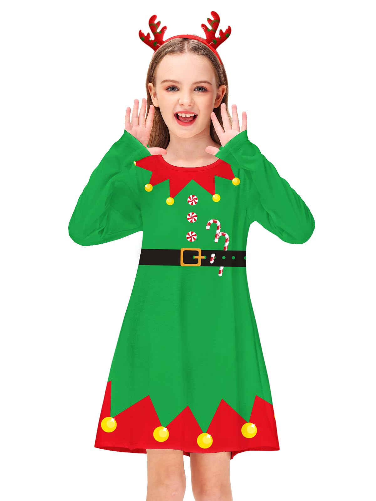 Kids Christmas Long Sleeve Dress Girls Cute Elf Outfits Xmas Party Green Aline Dresses 7-8 Years