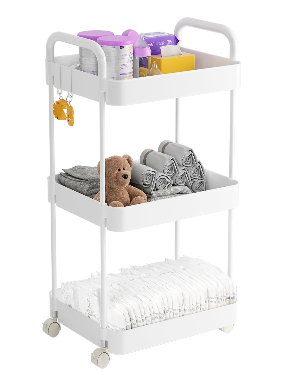 Volnamal Diaper Caddy Organizer, 3-Tier Movable Diaper Cart with Wheels, Newborn Essentials Must Haves, Diaper Caddy for Wipes &